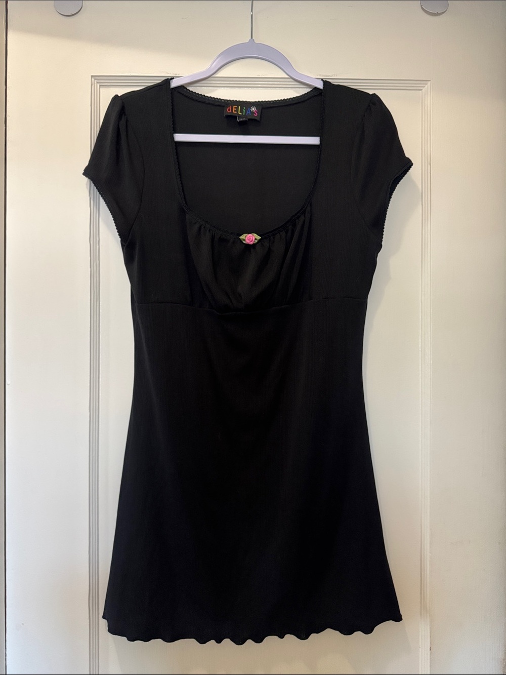 dELiA*s Black Scoop Neck Mini Dress with Pink Rose Button